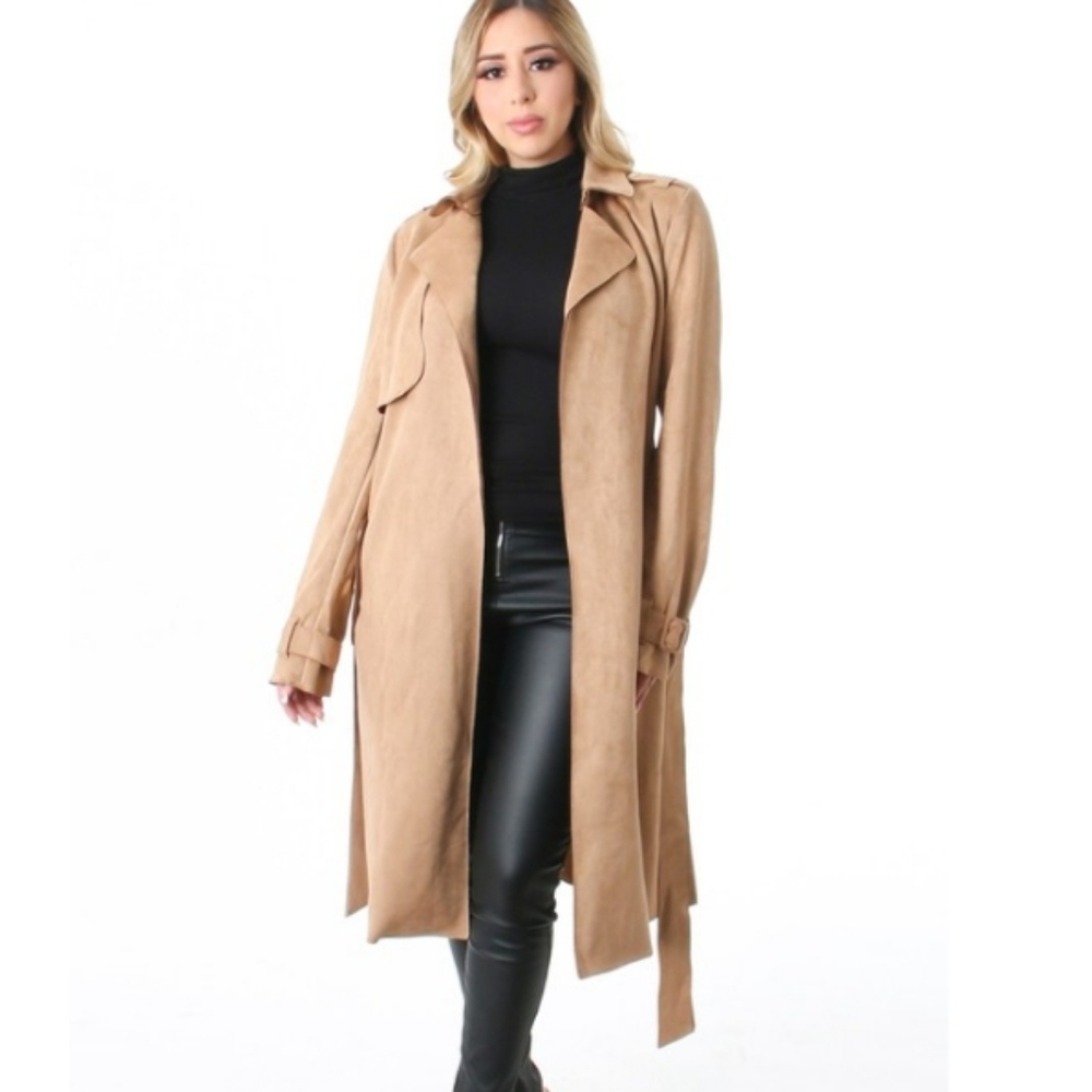 LAST ONE! Faux Suede Trench Coat- Taupe